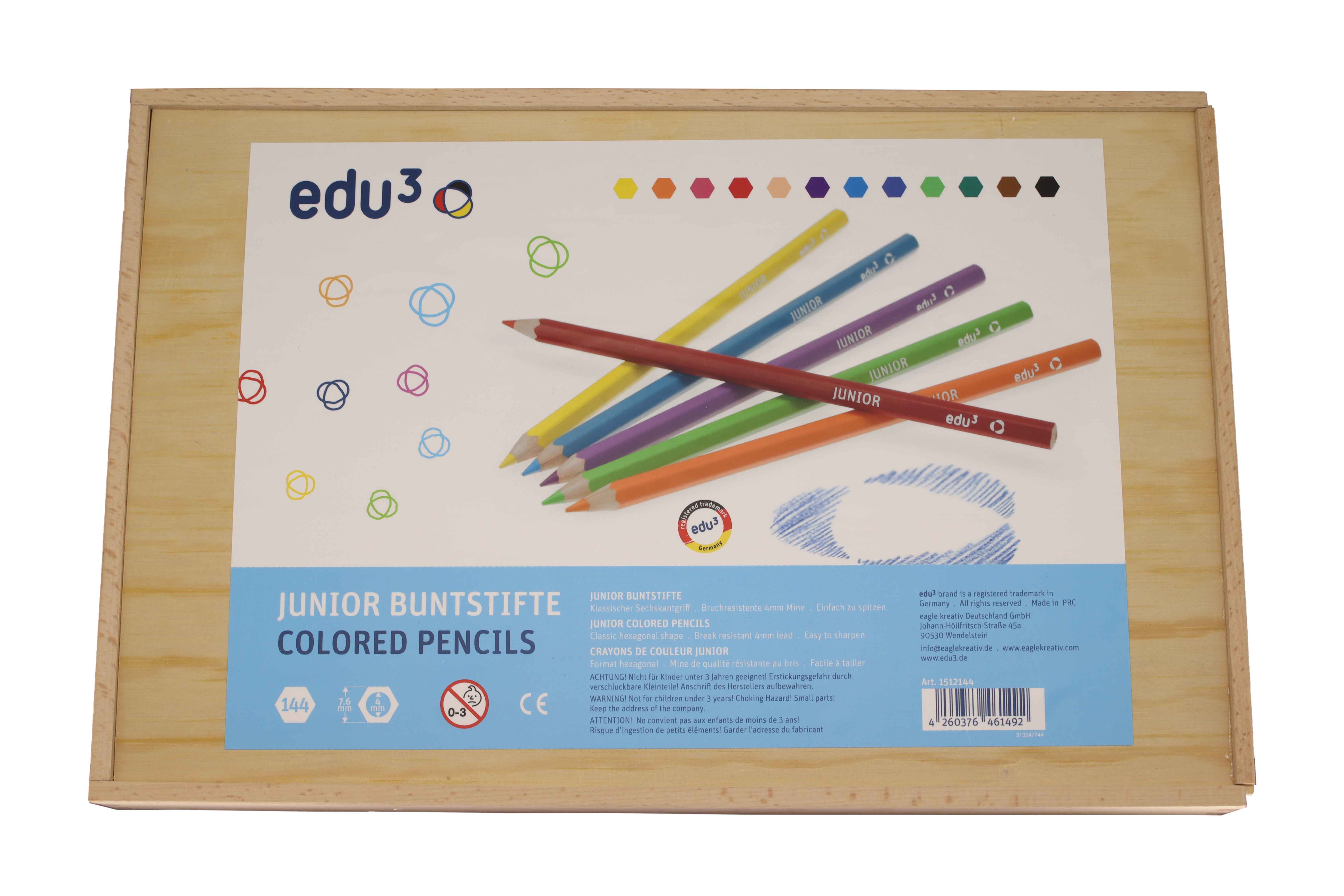 edu³ Junior Buntstifte sechskant 144er Holzbox