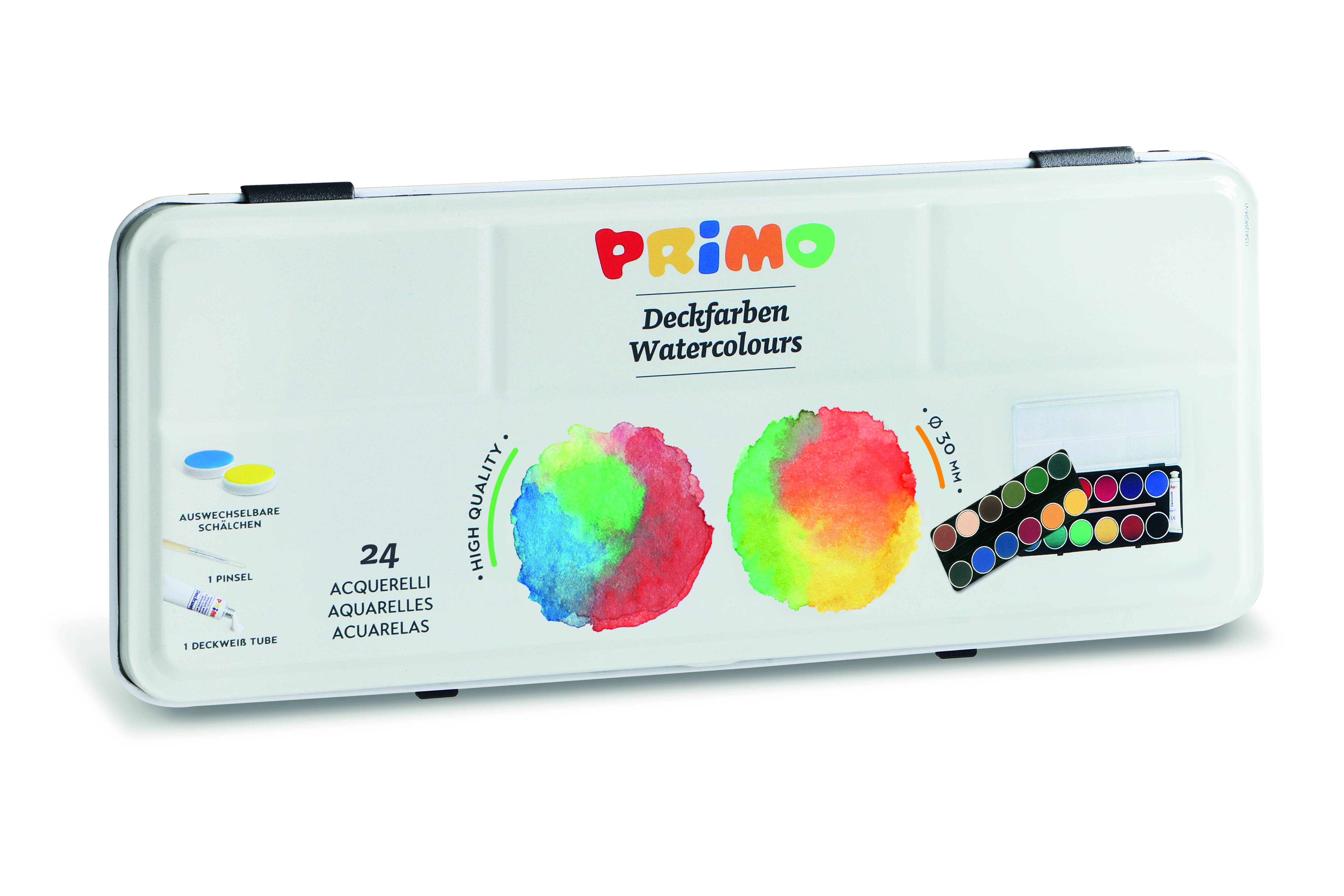PRIMO Deckfarbkasten 24er Set, 24 Farben inkl. Pinsel + Deckweiß, ⌀30mm