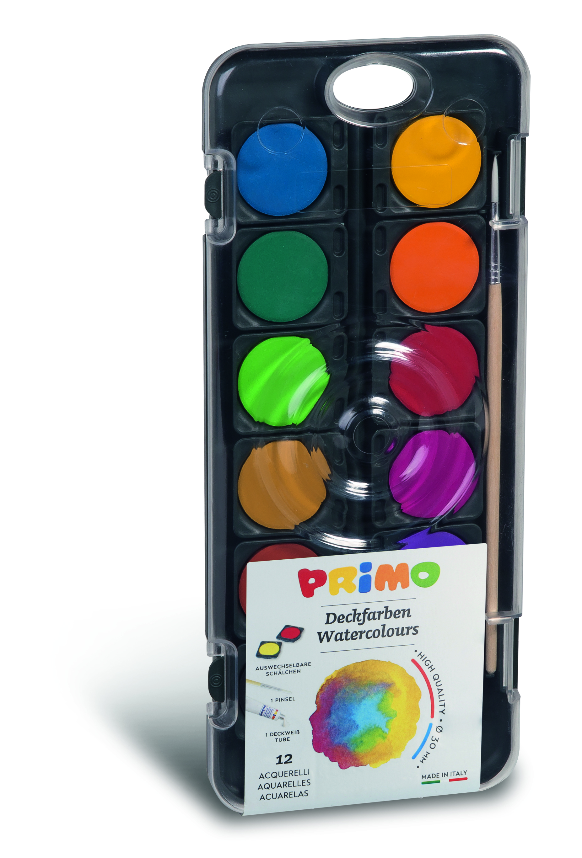 PRIMO Deckfarbkasten 12er Set, 12 Farben inkl. Pinsel + Deckweiß, 30mm